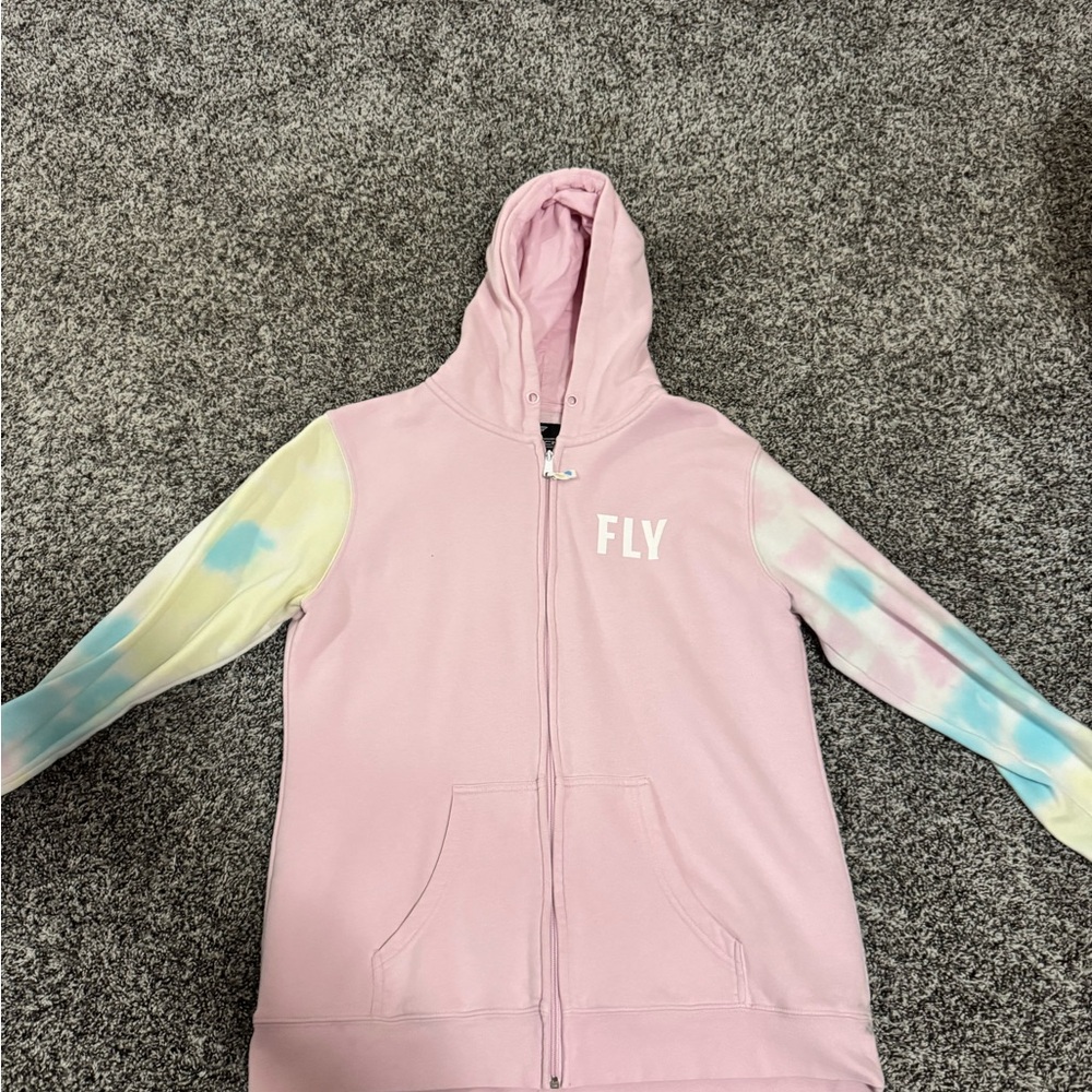 Pink 'FLY' Zip-Up Hoodie with Pastel Tie-Dye Sleeves